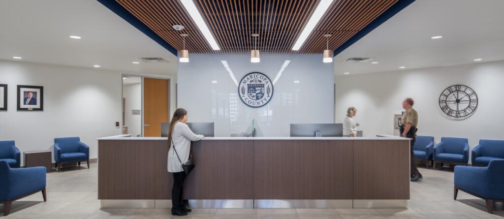 Municipal building reception area serving as an example of a public safety building that provides security and peace of mind for people.